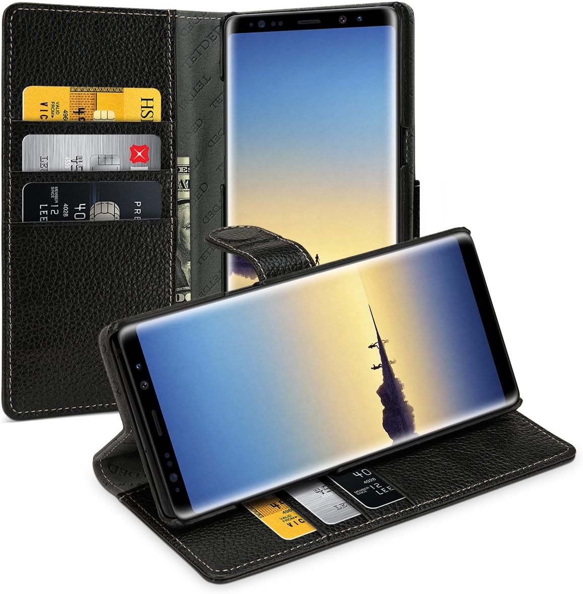 Tetded Premium Genuine Leather Case for Samsung Galaxy Note 8, Book Type, Gerzat IV, (Black)