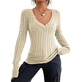 ZAFUL Women's Cable Knit V Neck Sweater Slim Fit Long Sleeve Knitwear Casual Pullover Jumper Tops