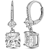 Mia Sarine Rhodium Plated 925 Sterling Silver Cushion Cut Cubic Zirconia Dangling Earrings for Women