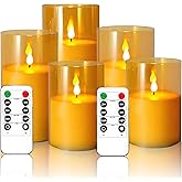 NICEME Amber Flickering Flameless Candles Battery Operated Acrylic LED Pillar Candles with Remote Control and Timer Flameless Halloween Candles for Thanksgiving Christmas New Year Home Decor, Set of 5
