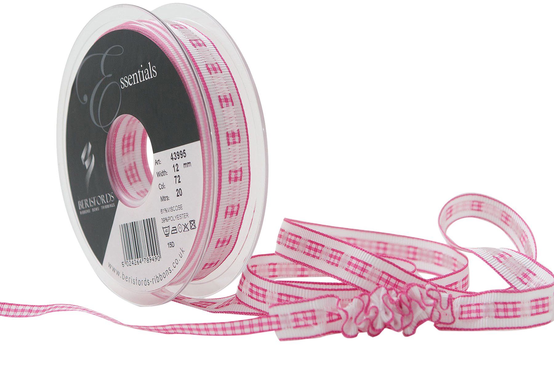 Berisfords Gingham Ruffle Ribbon, Shocking Pink, 12 mm