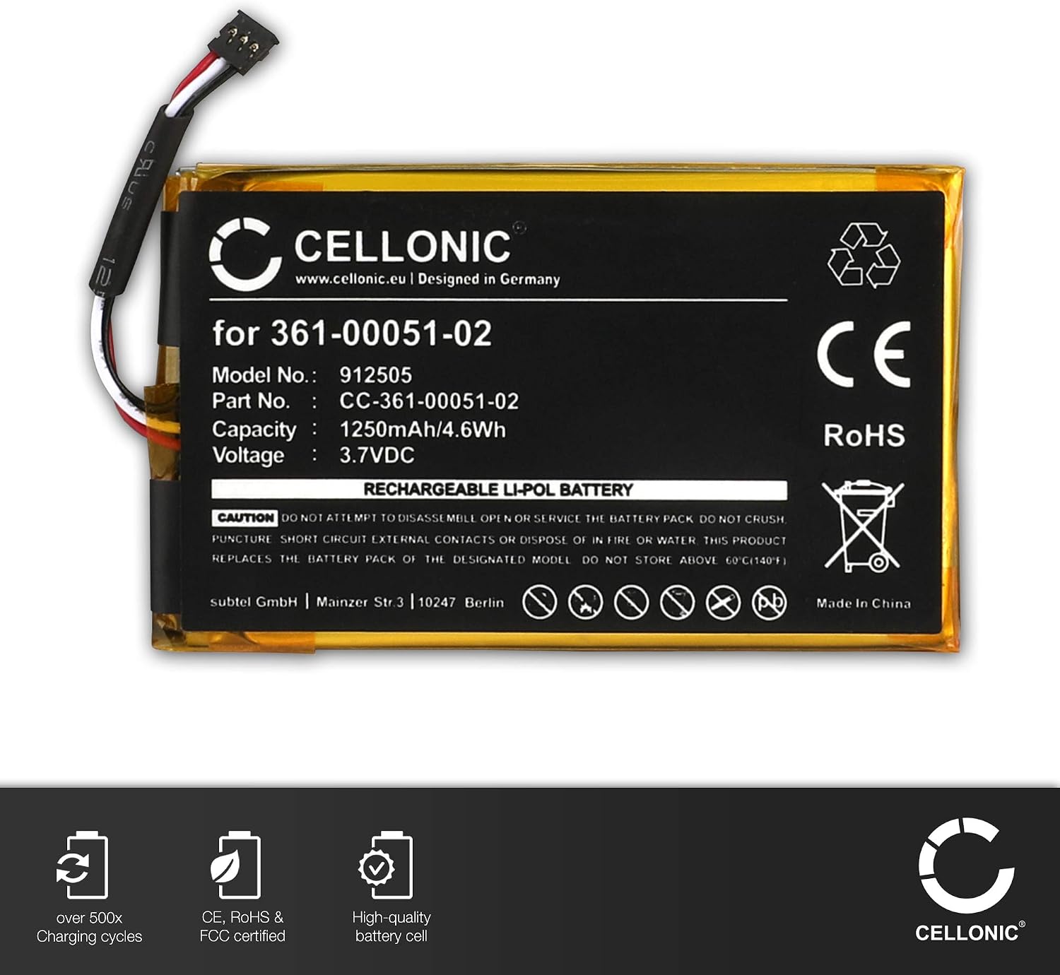 CELLONIC 1x Battery for GPS/Navigation Compatible with Garmin SAT NAV, dezl 560LT, Dezl 560LMT, US503 - (1250mAh, 3.7V) - Image 5