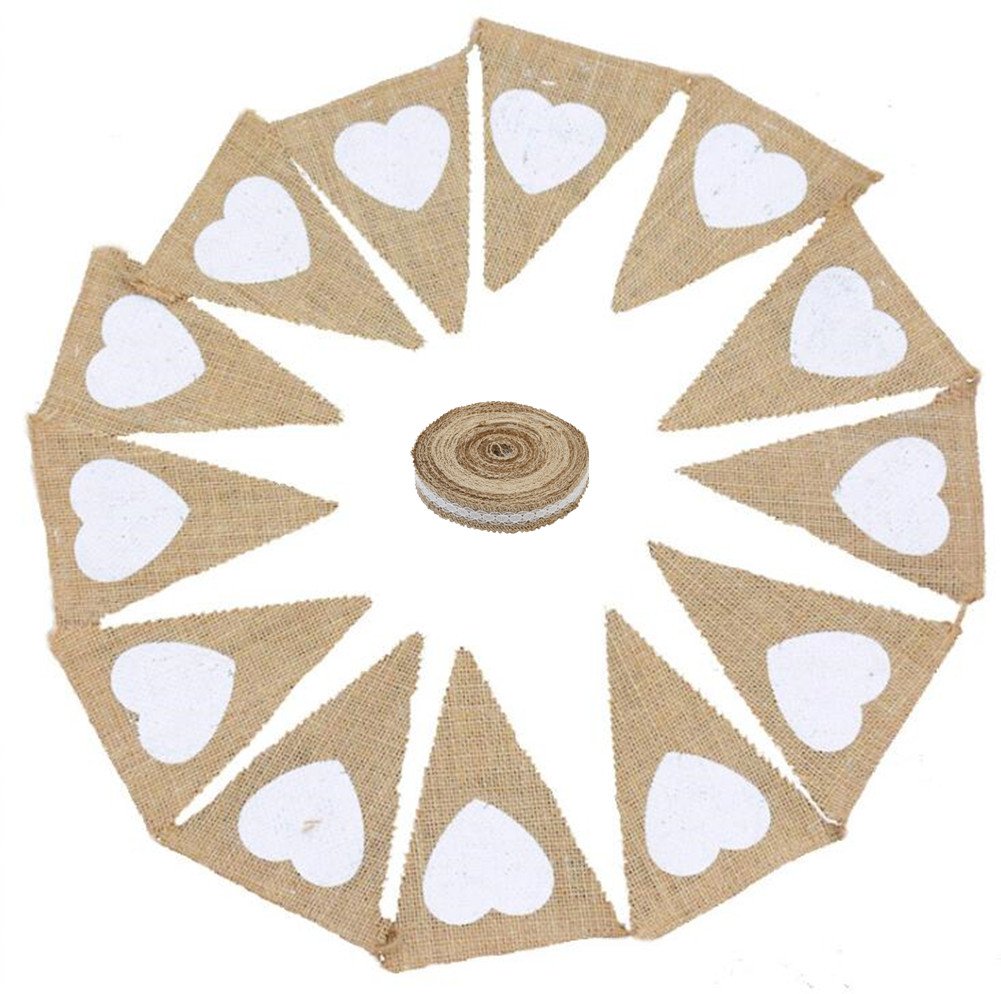 Zhiheng 13 Pieces Flags Heart Hessian Bunting Rustic Burlap Banner with 1 Meter Vintage Ribbon for Wedding Birthday Celebration Party Decoration (White)