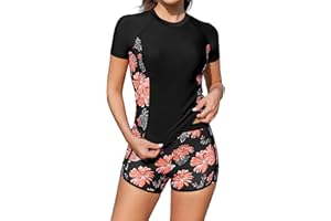 SHEKINI Women's Short Sleeve Rash Guard 2 Pieces Swimsuit Shirt UPF50+ with Board Shorts