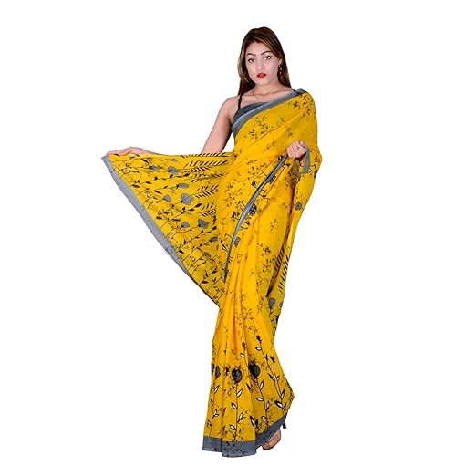 Womens Cotton Malmal Saree with Blouse (AH82, Yellow Grey Colour Print)