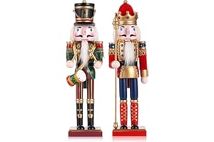 Tpudn 2 Pcs Wooden Christmas Nutcracker Soldier, 30CM Traditional Painted Figures, Festive Collectible for Home Fireplace Tree Party Decoration (Drummer & Spear)