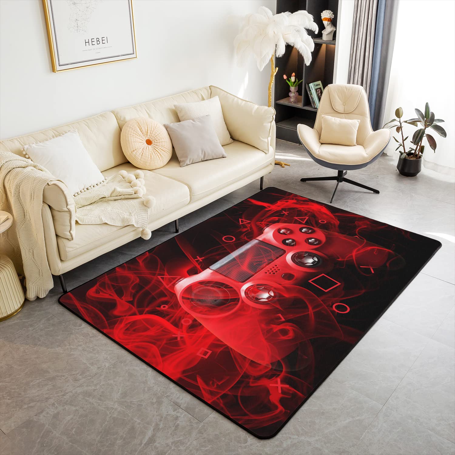 Gaming Area Rug Mat Gamer Video Game Non-Slip Accent Rug Red Black Gamepad Game Cobtroller Rugs for Living Room Bedroom Ultra Soft Machine Washable Game Action Buttons Area Carpet 100*150cm