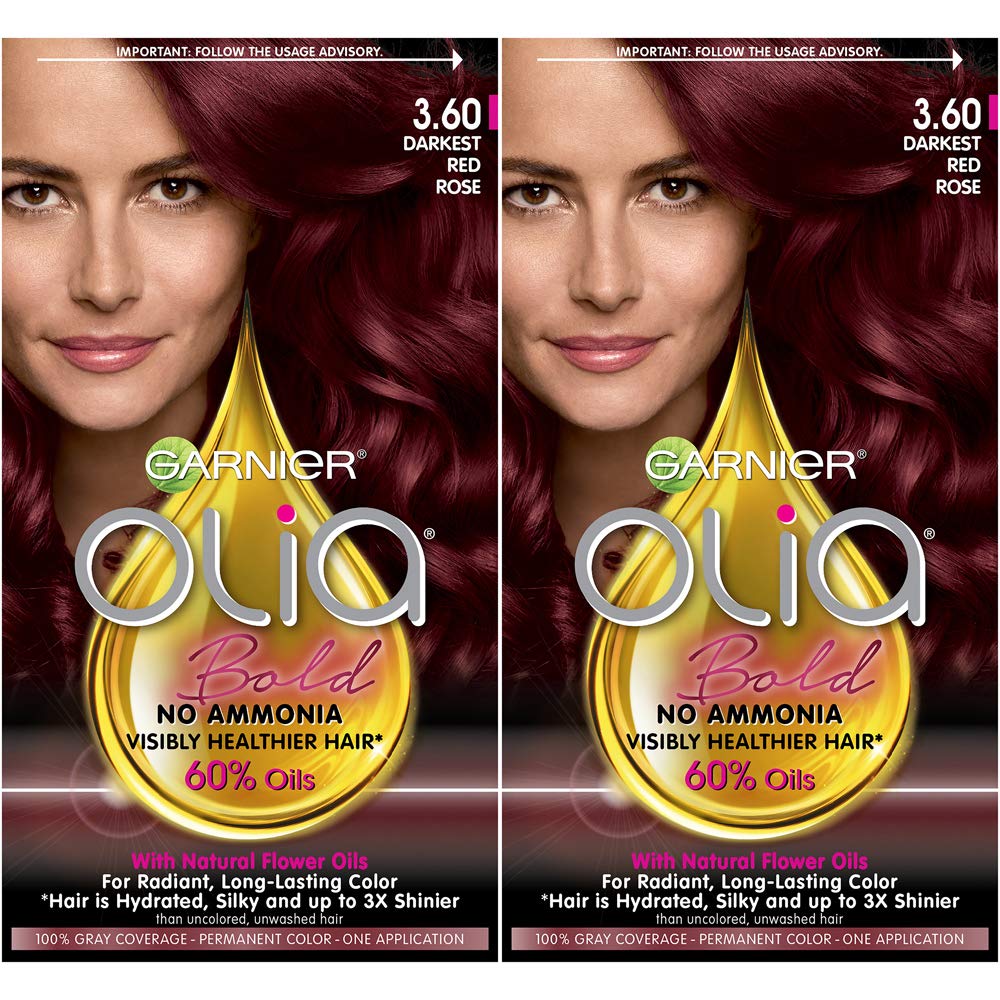 Garnier Olia Bold Oil Powered Permanent Hair Color, 3.60 Darkest Red Rose, (Packaging May Vary), 2 Pack