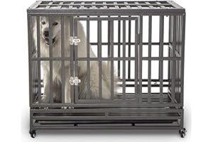 SMONTER 38" Heavy Duty Strong Metal Dog Cage Pet Kennel Crate Playpen with Wheels, I Shape, Dark Silver …