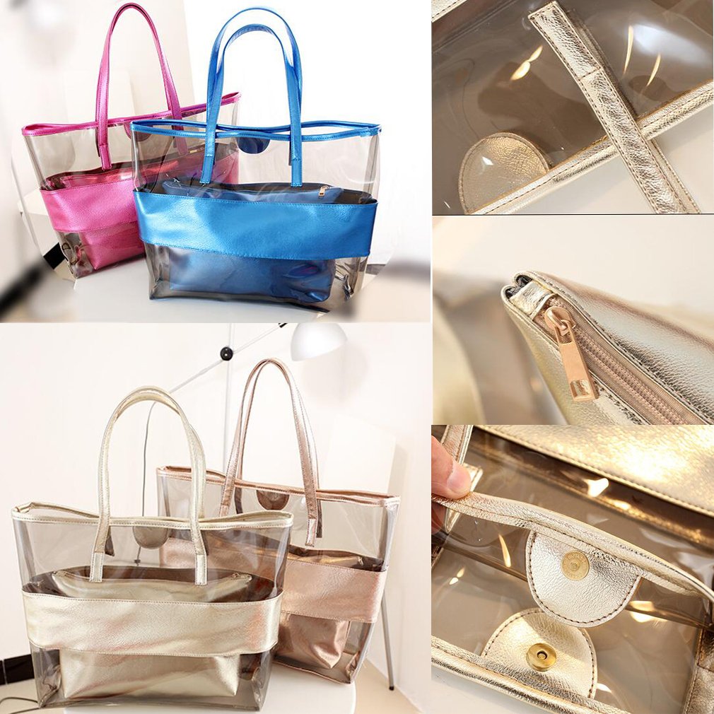 Sumerk 2 in 1 Waterproof Beach Bag Clear Tote Bags Shoulder Bags with Small Cosmetic Bag