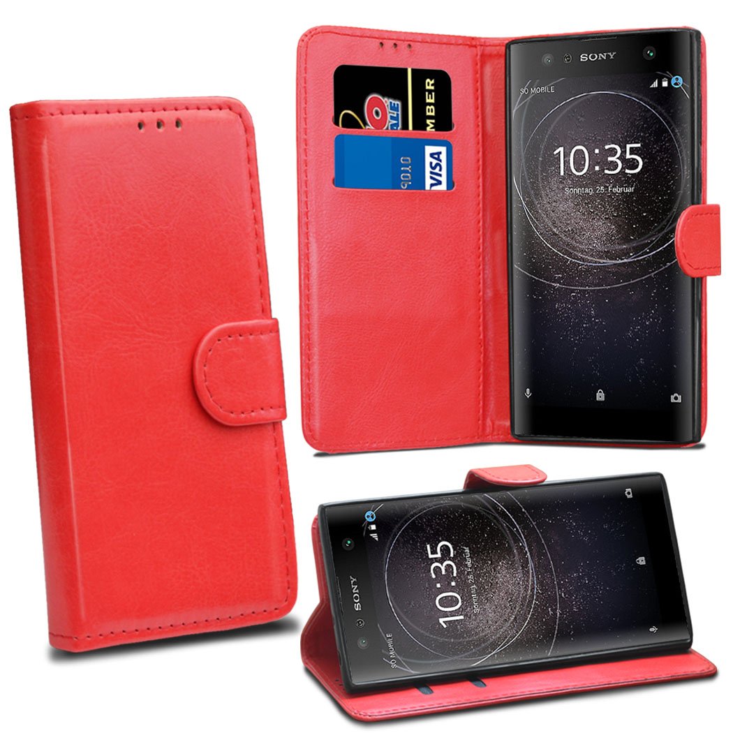Sony Xperia XA2 Cases - Premium Red Wallet Leather Flip Case Cover For Sony Xperia XA2 [Card Holder] [Magnetic Closure]