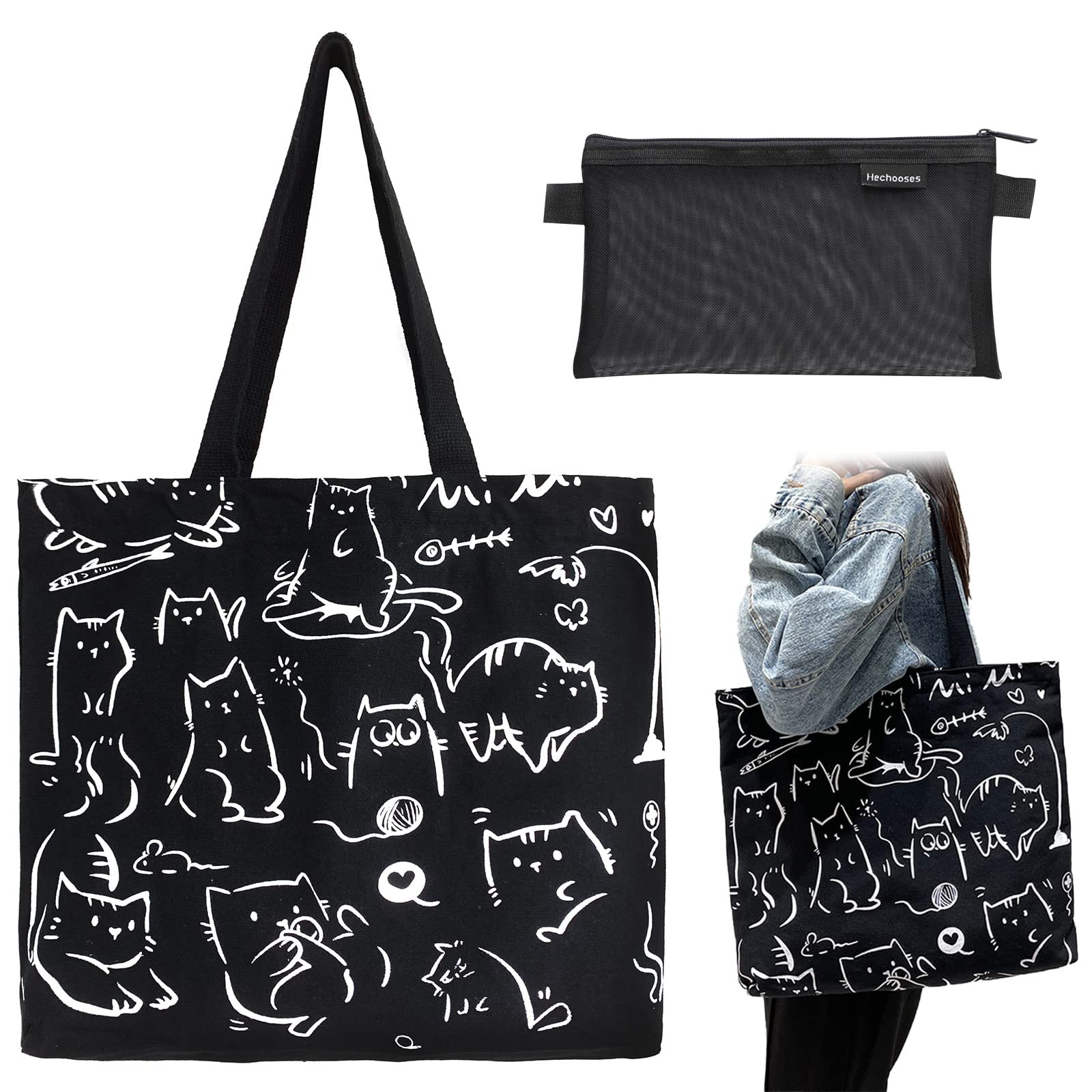 Tote Bags for Women, Reusable Cute Large Cat Tote Bag Canvas Tote Bag with Zip and Pockets Canvas Shopping Bag, with Mesh Bag Gifts for Cat Lovers for School Work Beach Travel Shopping (Black)