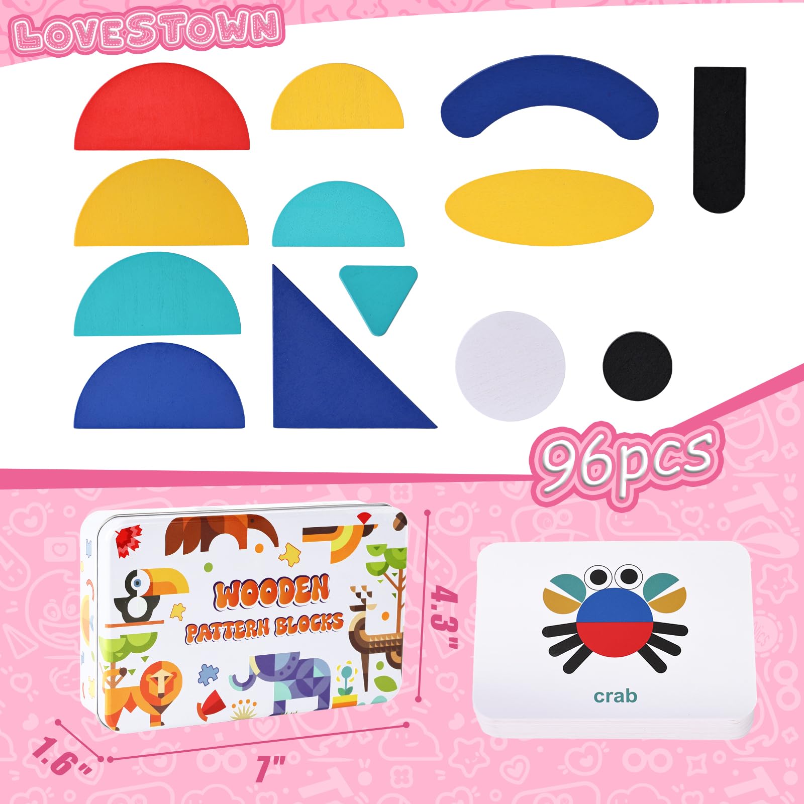 LovesTown 36 Wooden Pattern Blocks with 60 Cards, Open Ended Wooden Shape Puzzles Montessori Preschool Education Toy Tangram Shape Puzzle for Toddler Kids