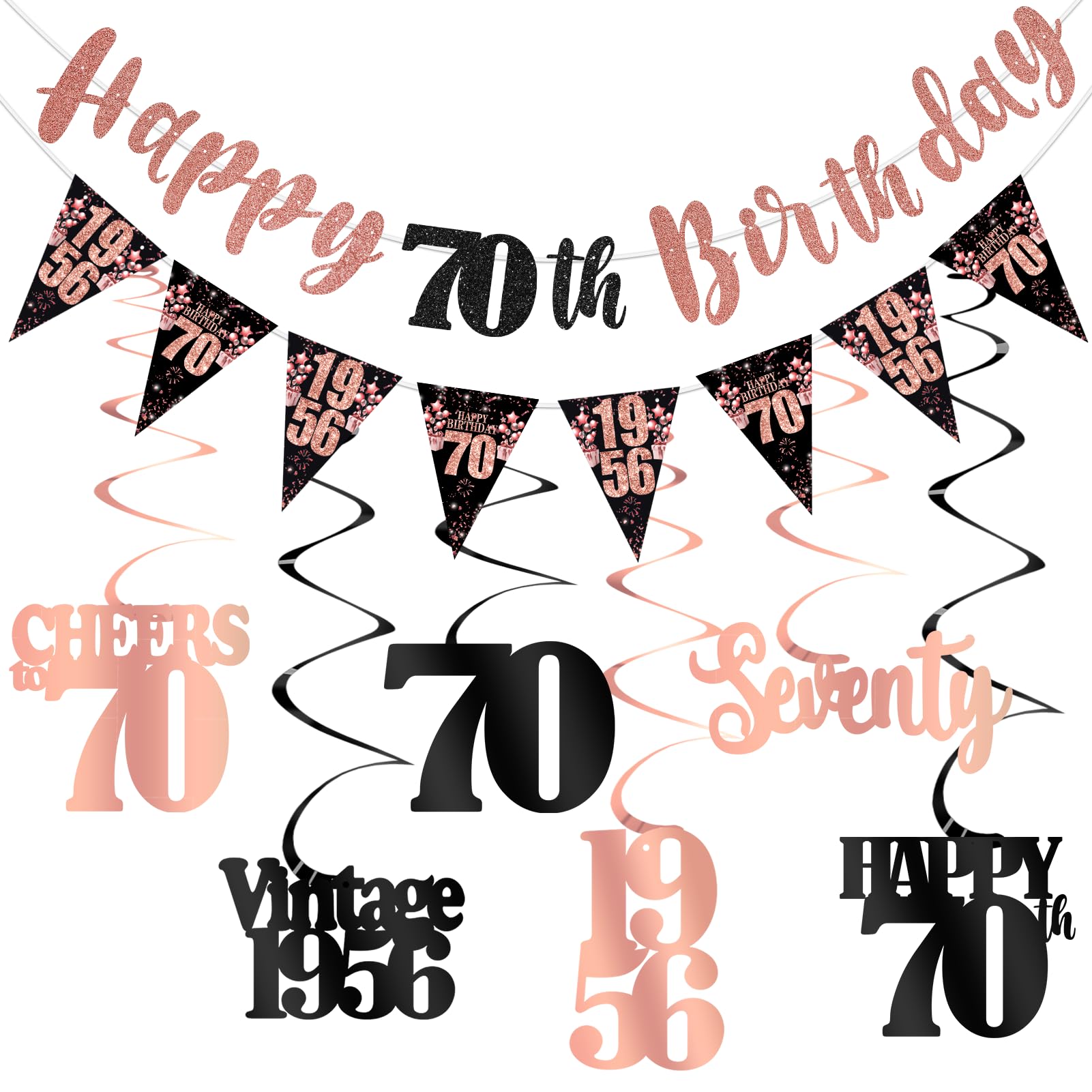 70th Birthday Decorations for Women, Black Rose Gold Happy 70th Birthday Banner Hanging Swirls Vintage 1956 Birthday Decorations Kit Cheers to 70 Birthday Party Supplies