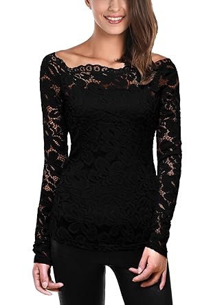 DJT Damen Langarmshirt Bluse mit Tops Floraler Spitze Weg von der Schulter Oben