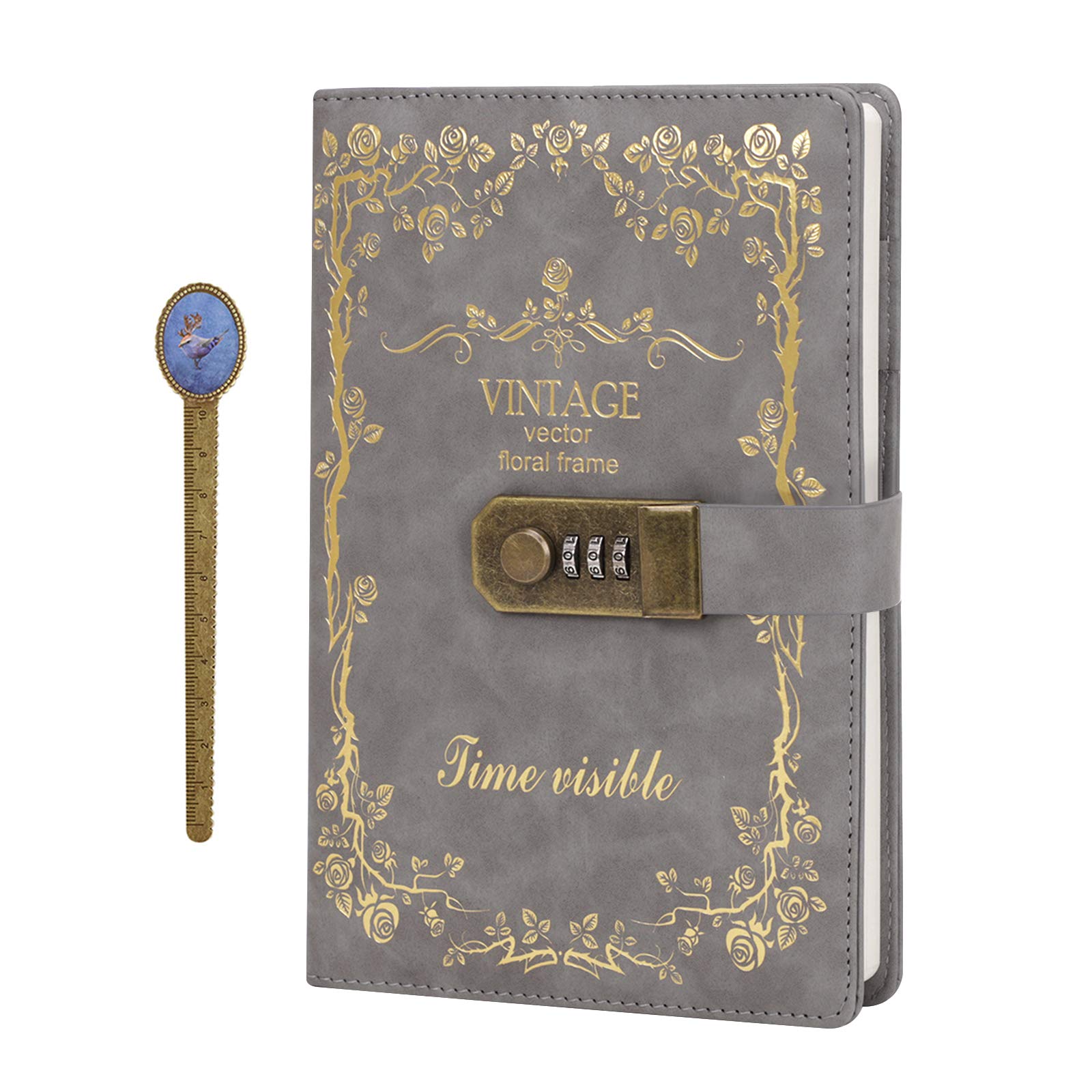 IPENNY A5 Vintage Leather Journal with Combination Lock Digital Password Journal with Bookmark Pen Loop Retro Privacy Notebook Writing Travel Diary Locking Journal, 100 Sheets (Style 6-Gray)