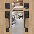 goldenwarm Double Front Door Lock Set, Black Double Door Handle Set, Matte Black Double Door Handle with Dummy, Modern Double Front Door Hardware Set with Reversible Handle Lever