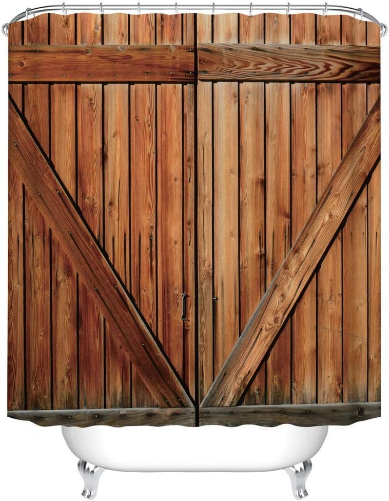 Fangkun Bathroom Shower Curtain Decor Set - Creative Wooden Door 3D Print Design - Waterproof Polyester Fabric Bath Curtains - 12 pcs Shower Hooks - 72 x 72 inches