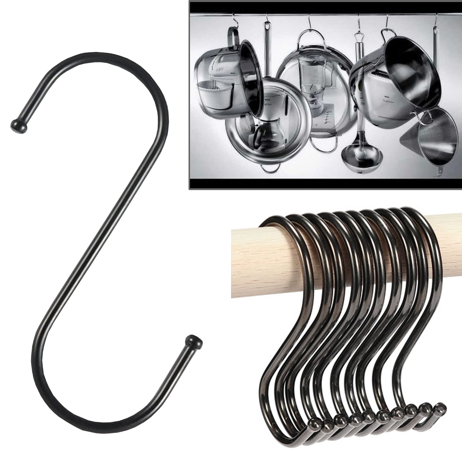 Anzhee S Hooks - 27Pack Heavy Duty Metal S Shaped Stainless Steel Hangers for Kitchen Utensils - Black