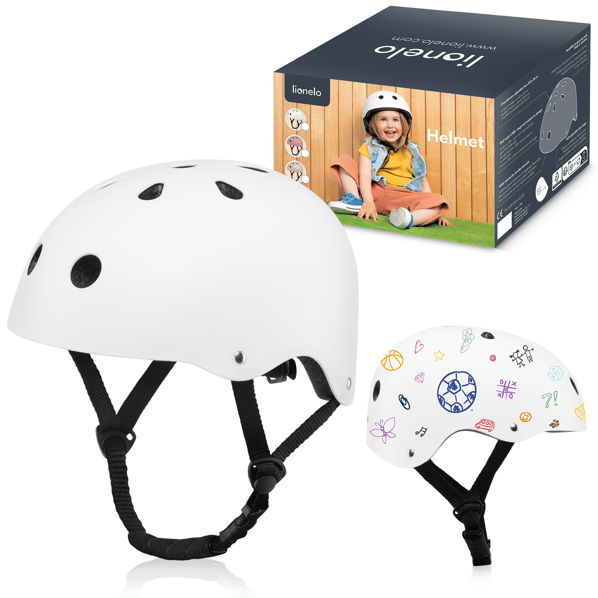 Lionelo Helmet Explorer Adjustable Certified Kids' Safety Helmet Size S(50-56cm) Impact-Absorbing & Ventilated Designed for Creative Chalk & Marker Customization, Cycling & Outdoor Adventures (White)