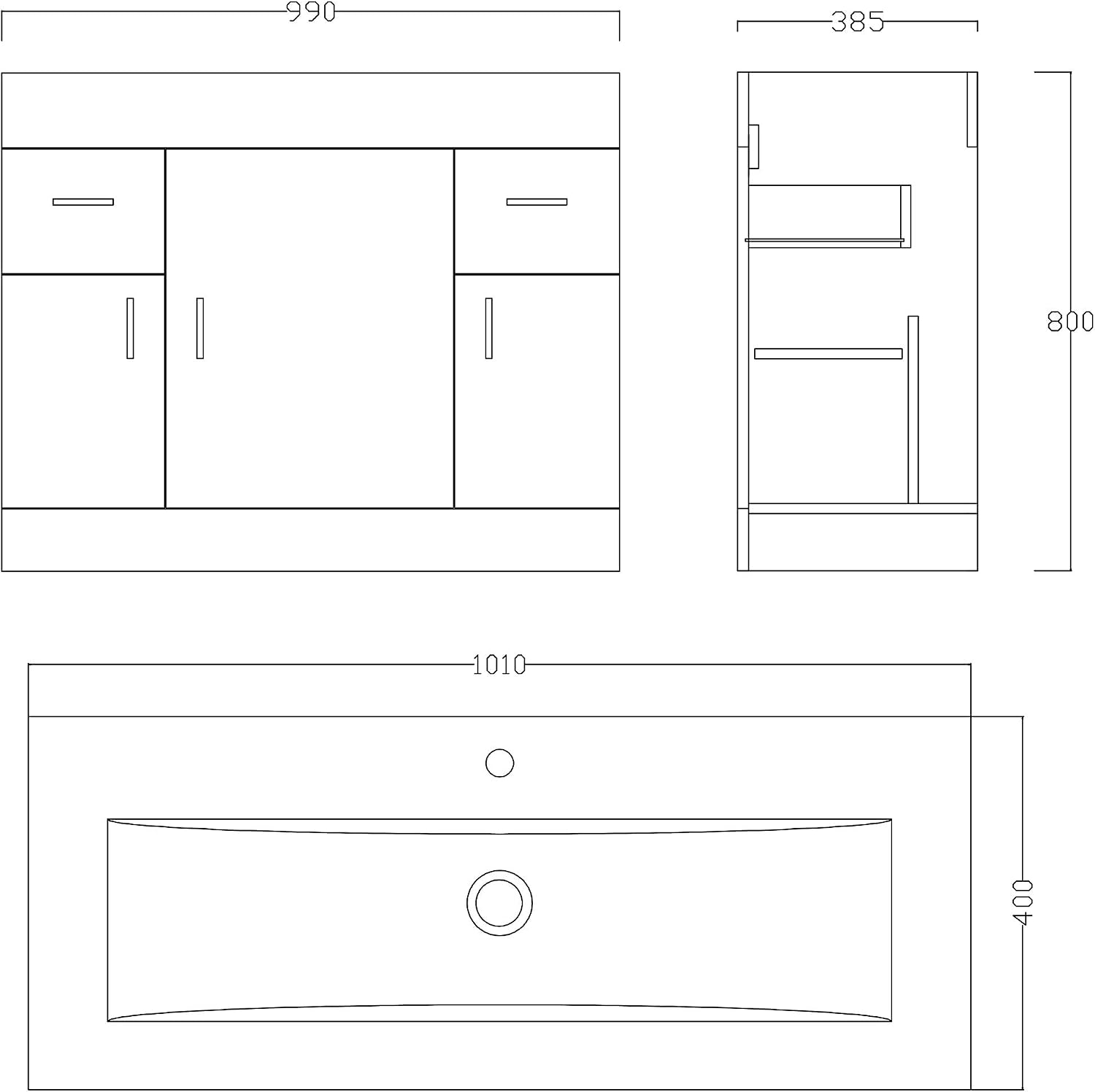 VeeBath VUMW100 Sphinx High Gloss White Free Standing Basin Vanity Cabinet Unit & Rectangular Sink - 1000mm - Image 4