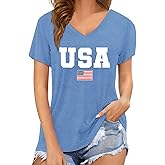 TIEEI 4th of July Shirts Women USA T-Shirt American Flag V-Neck Tee Tops