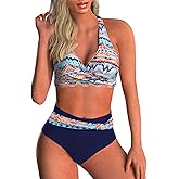 SEAFORM Womens Two Piece Swimsuits Wrap Front Bikini High Waisted Bottom Tummy Control Bathing Suits Vintage Print Swimwear