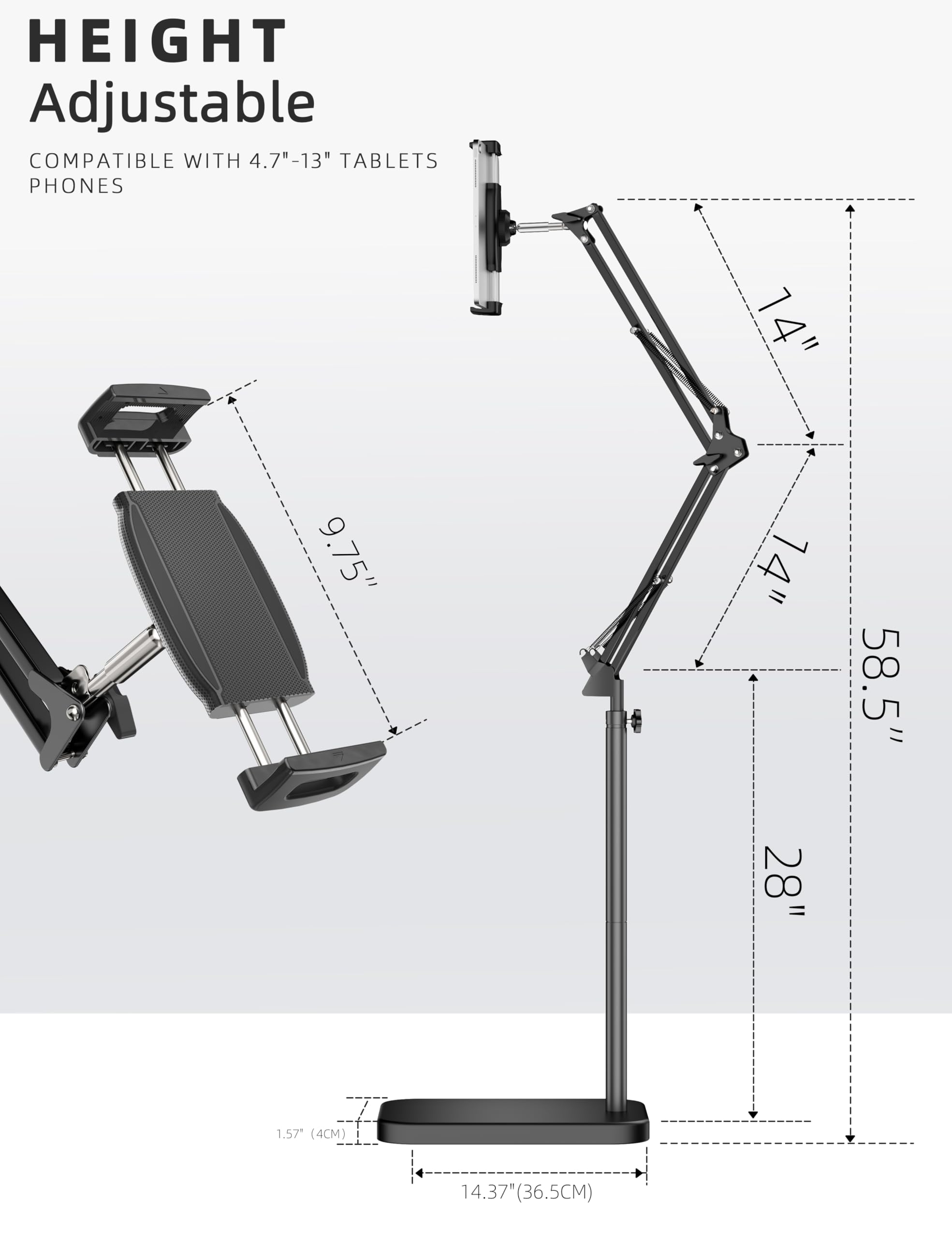 Tablet Floor Stand with 11lb Stable Base - Adjustable Height Stretchable Arm Swivel Holder Mount, Compatible with iPad Pro Air Mini 12.9/9.7, Kindle, Galaxy Tab, Cell Phones (4.7''-13'')
