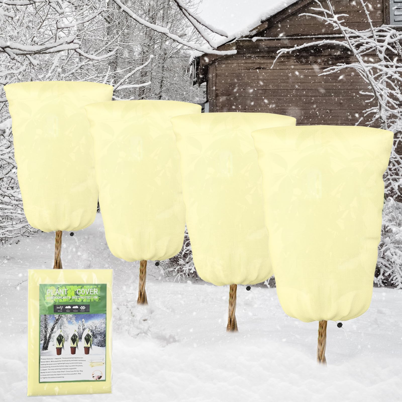 Hanotic 4 Packs Garden Plant Fleece Frost Protection, 60 * 80 cm Frost Blankets Plant Covers for Winter with Drawstring, Cloches for Plants Outdoor Potted Fruit Trees(No Zipper)