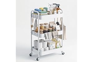 AWYZ Storage Cart, 3-Tier Metal Utility Cart, White Rolling Cart, Heavy Duty Organizer cart with Lockable Wheels, Bedside, Sn