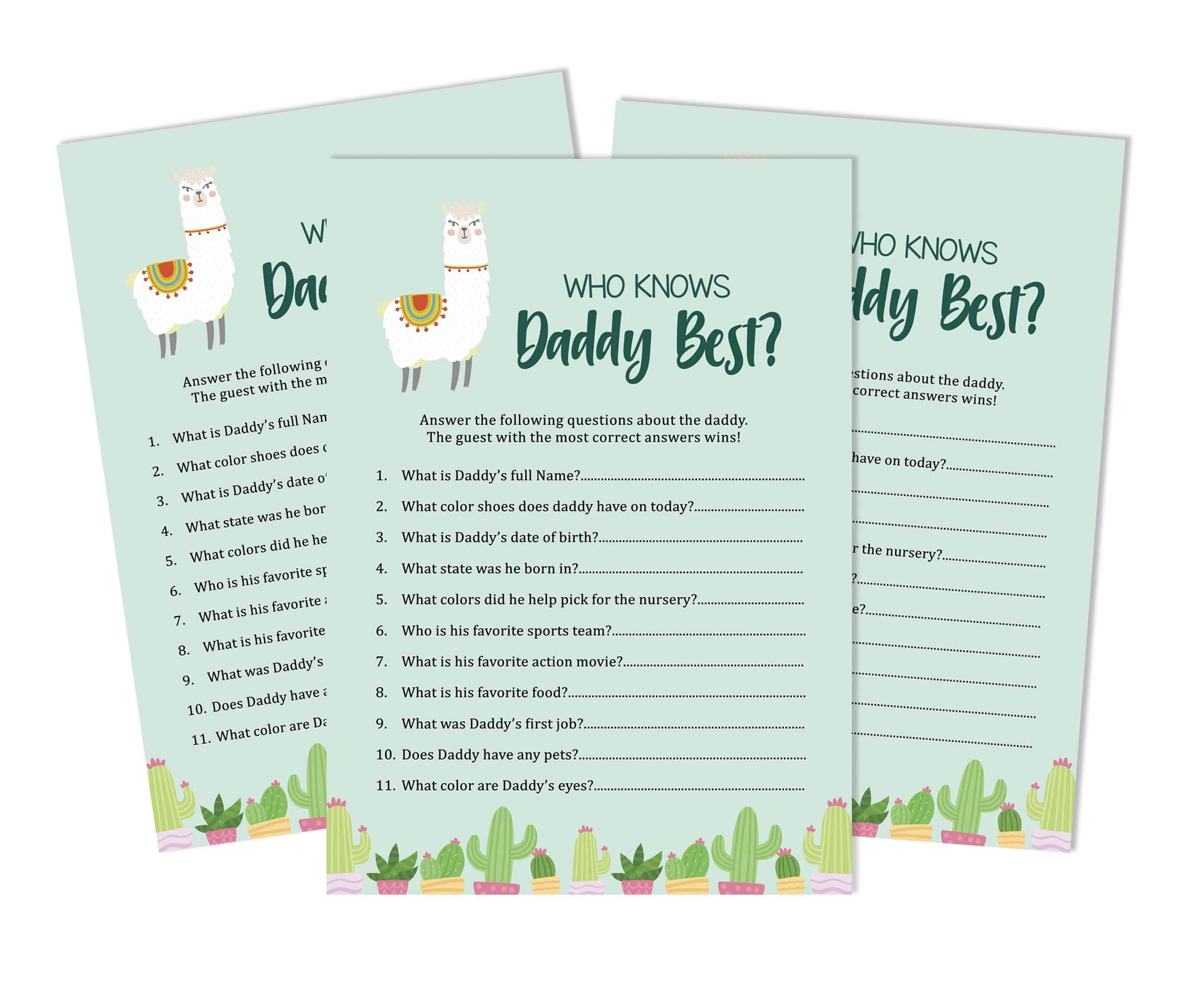 Inkdotpot Llama Gender Neutral Who Knows Daddy Best Baby Shower Game Cards Fun Activity Cards Set Of 50 Party Theme