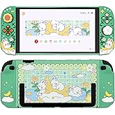 Sanfulin Protective Case for Nintendo Switch 2, Hard Back Shell + 2 Silicone Anti-Slip Controller Covers + 2 Joystick Caps, Rabbit and Flower Cover, Green