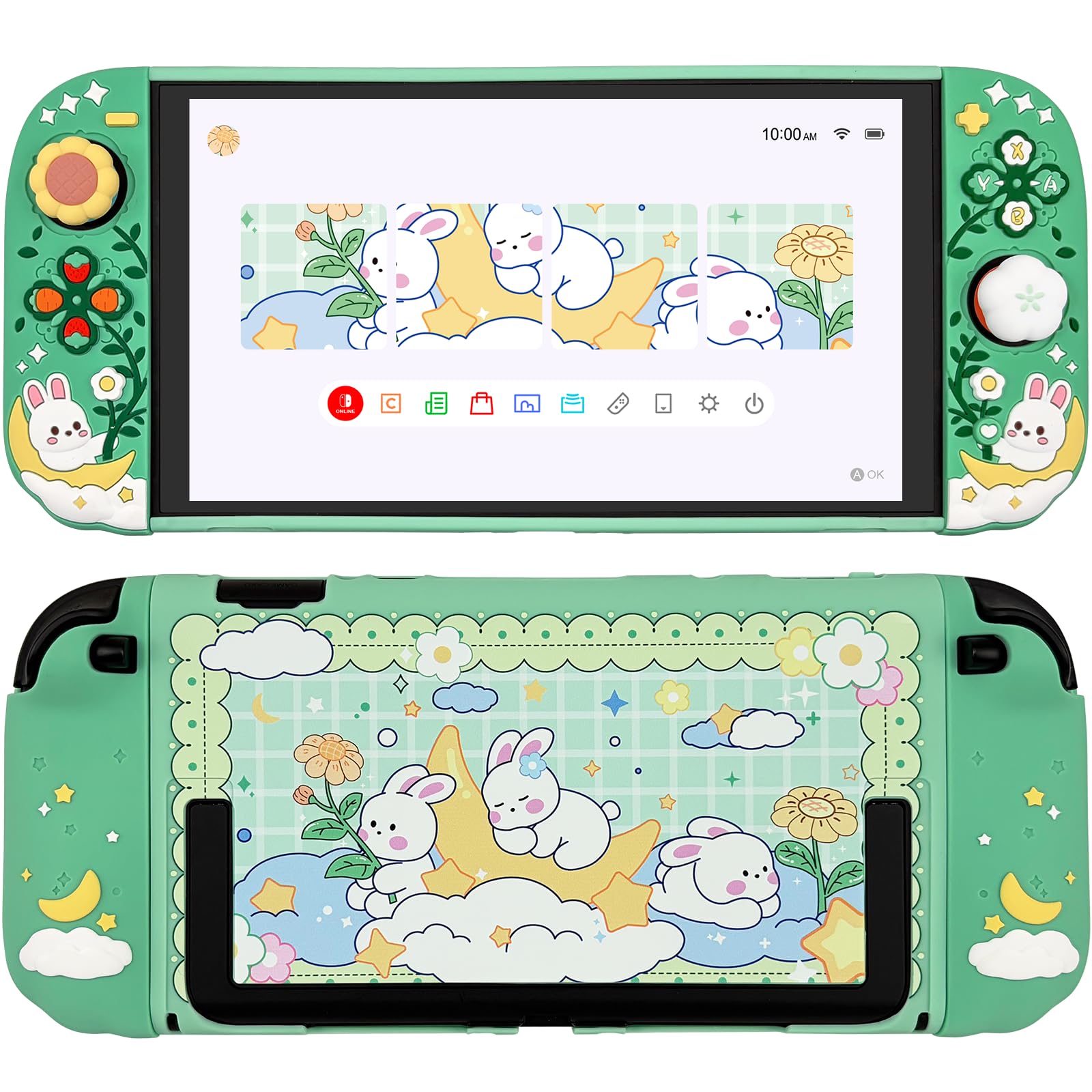 Sanfulin Protective Case for Nintendo Switch 2, Hard Back Shell + 2 Silicone Anti-Slip Controller Covers + 2 Joystick Caps, Rabbit and Flower Cover, Green