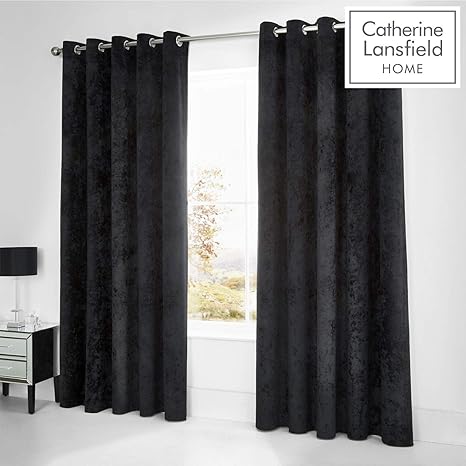 Catherine Lansfield Crushed Velvet Eyelet Curtain 90x90 Black