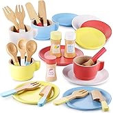 GAGAKU Wooden Play Dishes and Plates for Kids Kitchen Set 27 PCS Montessori Wood Play Kitchen Accessories Kitchen Toy for Toddlers Wooden Play Cooking Set for 3-8 Years Girls and Boys