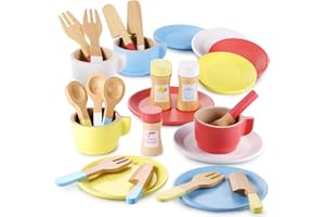 GAGAKU Wooden Play Dishes and Plates for Kids Kitchen Set 27 PCS Montessori Wood Play Kitchen Accessories Kitchen Toy for Toddlers Wooden Play Cooking Set for 3-8 Years Girls and Boys