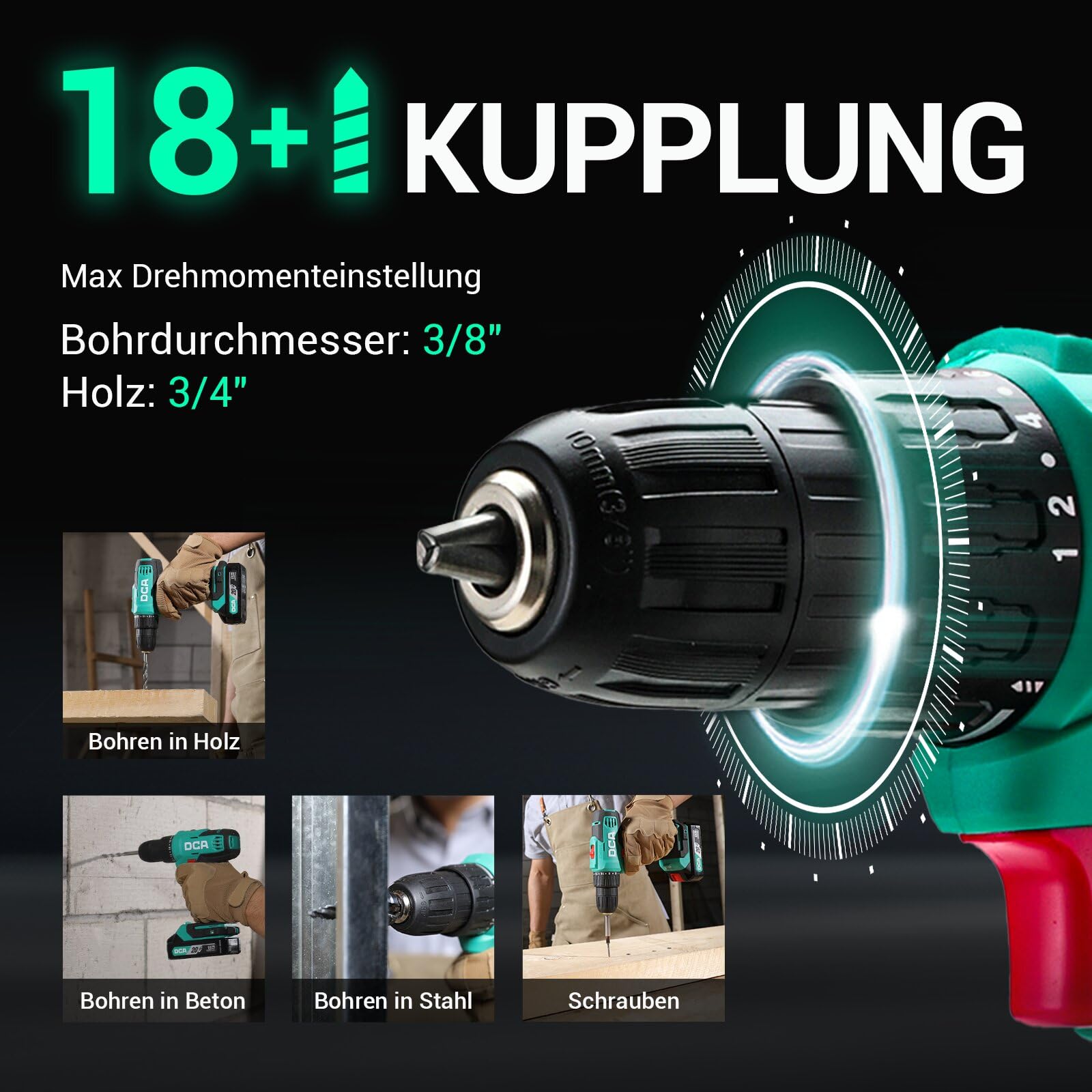 DCA Akku-Bohrschrauber-Set, 40 Nm Drehmoment, 10 mm schlüsselloses Bohrfutter, Elektroschrauber mit 2,0Ah Akku und Ladegerät, 18+1 Drehmomentstufen, 25-teiliges 20V-Bohrerset, Modell ADJZ2035 2