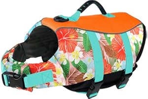 Mklhgty Hawaiian Dog Life Jacket - Adjustable Ripstop Vest with Rescue Handle for Swimming Boating, High-Flotation Safety Device for Small Medium Large Dogs (Floral Orange,S)