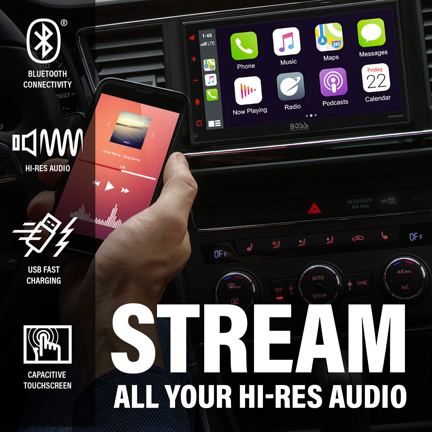BOSS Audio Systems Elite BV850ACP Car Multimedia Player with Apple CarPlay-Android Auto - Double Din, 6.75 Inch LCD Capacitive Touchscreen, Bluetooth, USB, AM/FM, No CD/DVD, Rear Camera Included