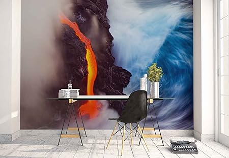 Papier Peint Mural Volcan Lave Brouillard Mer Vagues