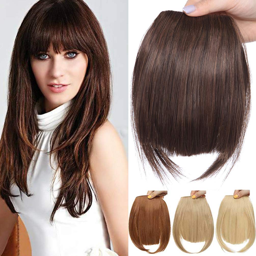 Clip in Hair Bangs Fringe Bangs Hair Extensions Straight Bangs with Temple Hairpieces Accessories Thick Full Neat Front Bangs Hair Piece Black mix Light Auburn