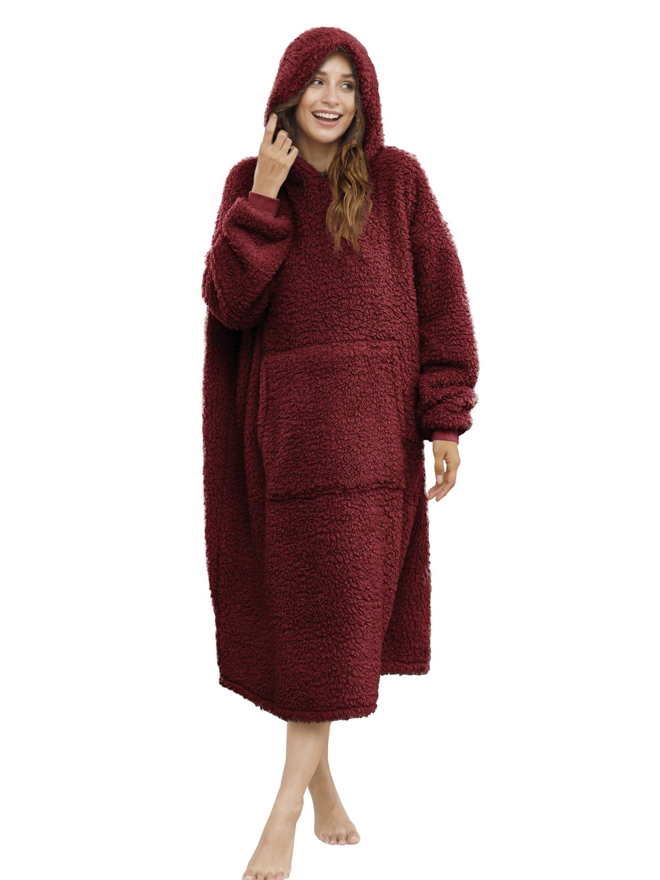 ililmmoe Sherpa Wearable Blanket Oversized Hoodie Sweatshirt TV Blanket with Long Sleeves and Pocket-WineRed — image 1