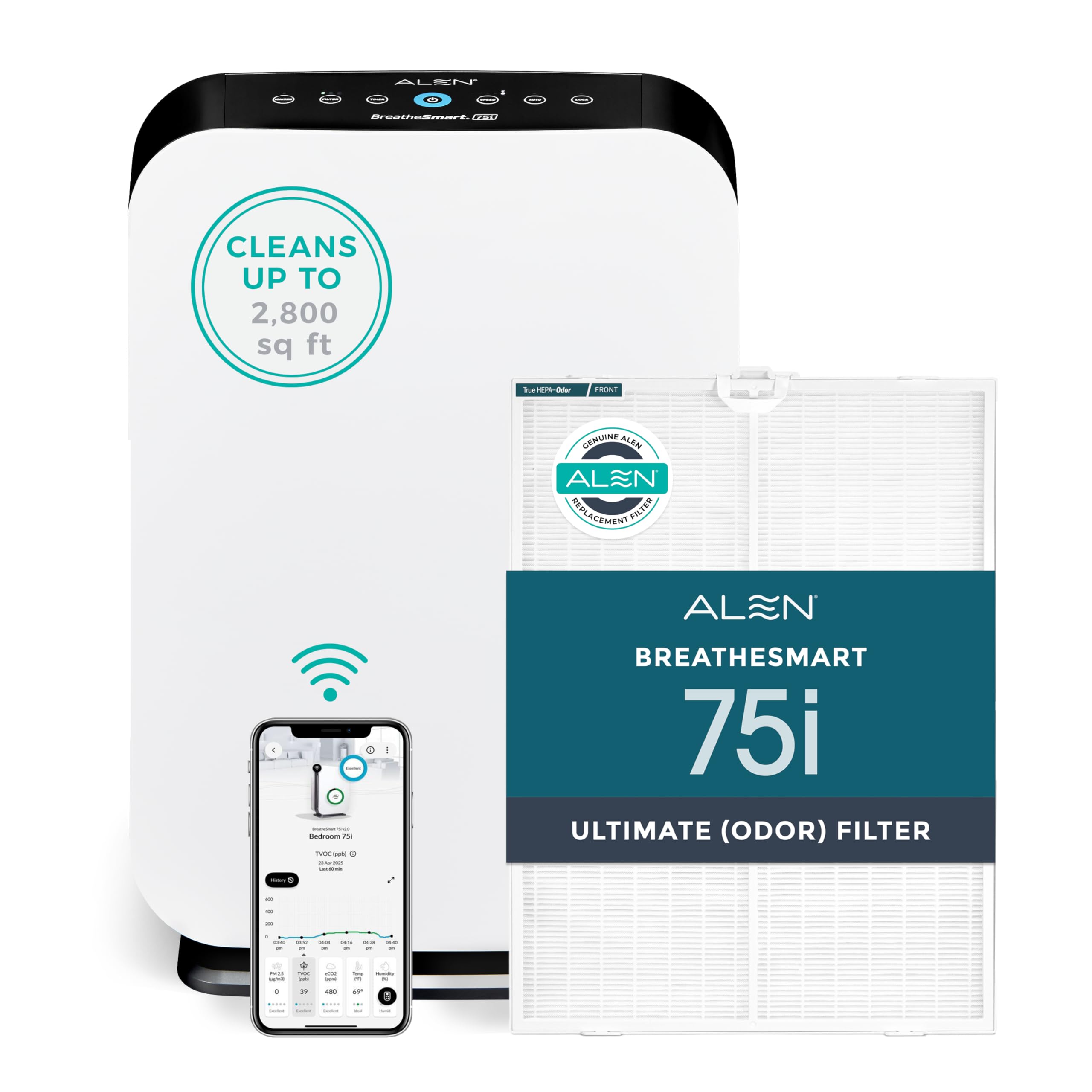 Alen Air Purifier BreatheSmart 75i HEPA with Odor Filter for Large Rooms up to 2800 Sq. Ft. - Perfect for Living Room & Kitchen - Captures Dust + Pet Dander & Household Odors - White Image