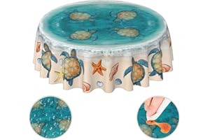 YETTA YANG Sea Turtle Beach Starfish Ocean Coastal Funny Waterproof Picnic Patio Party Round Table Cloth Cover Decorations Fabric 60 Inch Circular Tablecloth For 20-47 Inch Home Dining Room Kitchen Decor