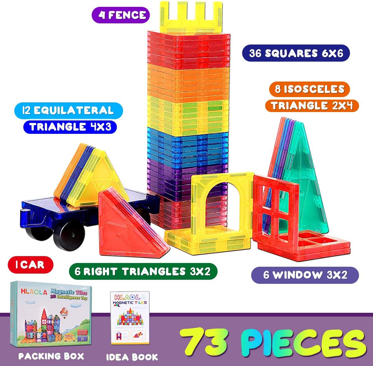 HLAOLA Magnetic Building Blocks Magnetic Tiles 3D Tiles Set 73PCS Magnetic Toys for 2 3 4 5 6 7 Year Old Boys Girls Gifts Educational Inspirational Conventional Recreational STEM Toys Tiles: Toys & Games