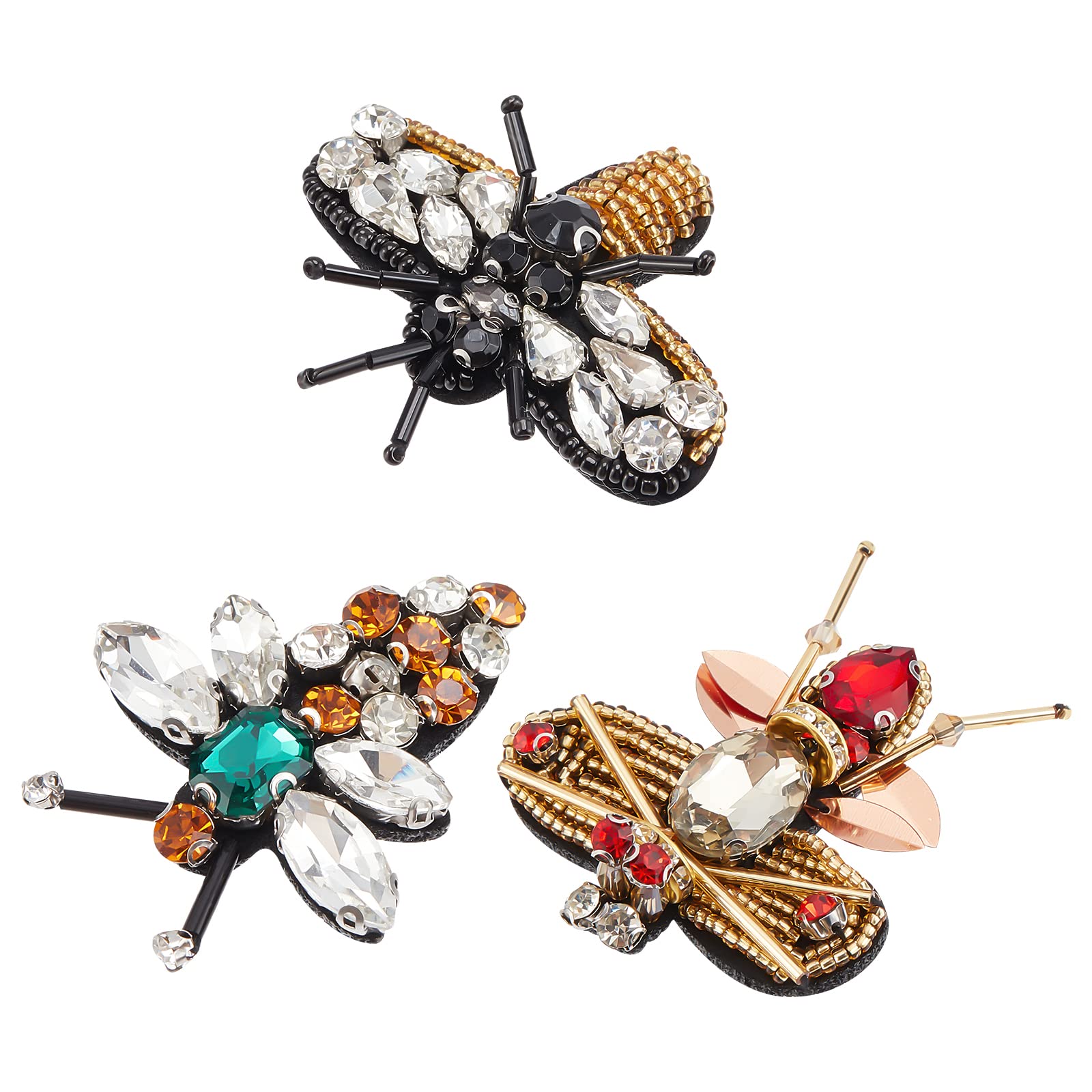 INFUNLY 3PCS Bees Rhinestone Patches Sew On Beaded Patches Bees Handmade Bead Patch Bee Crystal Applique for Jeans Jackets Clothing Handbag Shoes
