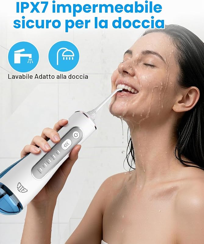 Irrigatore Orale Senza Fili, 300 ML Idropulsore Dentale Portatile, 3+1 Modalità Professionale Elettrico Water Flosser per Pulizia Denti, Impermeabile IPX7 per Viaggi a Casa di salute orale（Bianco）
