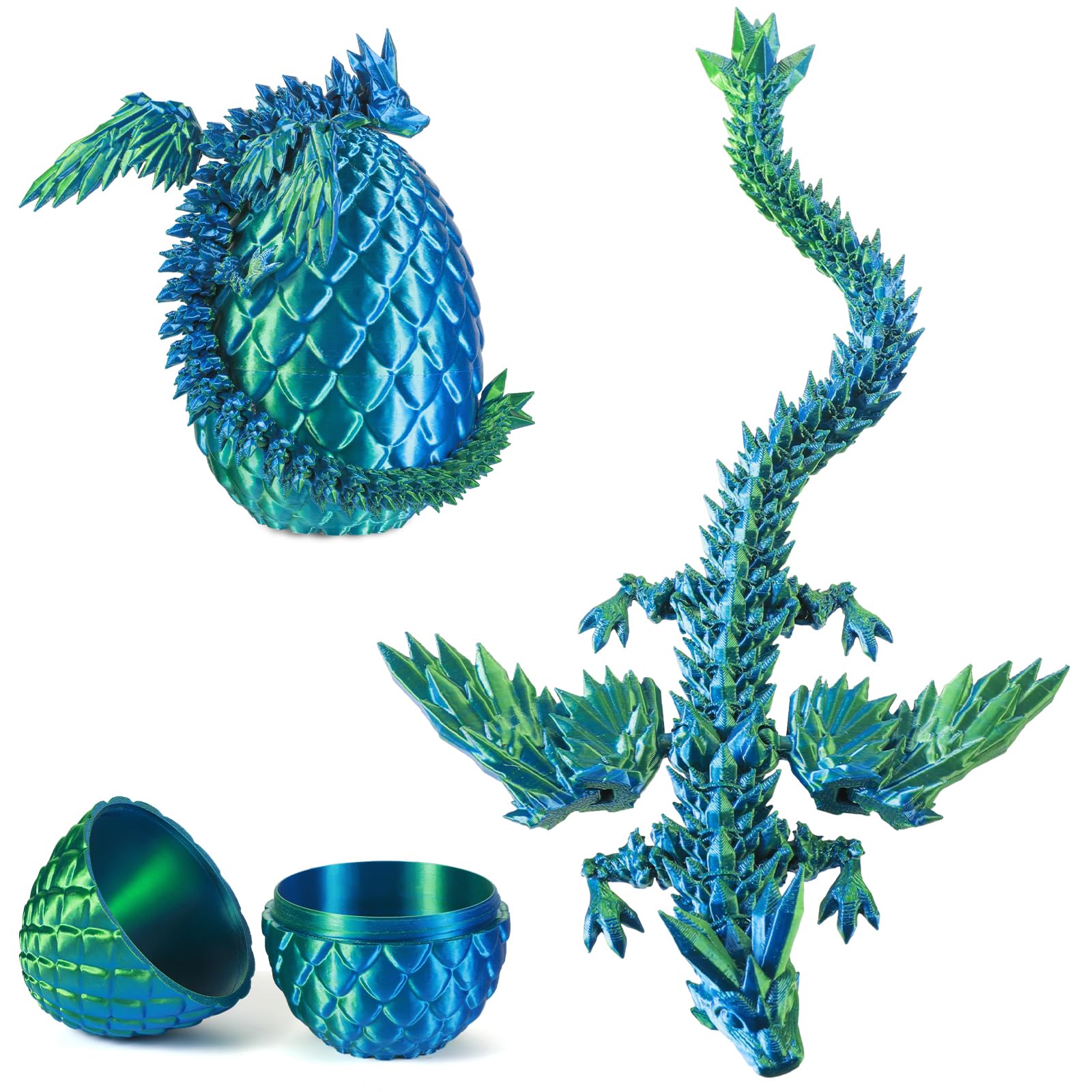 Photo 1 of **SEE PHOTOS**3D Printed Dragon Egg 12" Winged Dragon Inside with Articulated Horn, Rainbow Fidget Sensory Toy, Birthday Party Gift, Flexible Desk Companion, Easter/Christmas Surprise Stuffers (Blue Green Color)