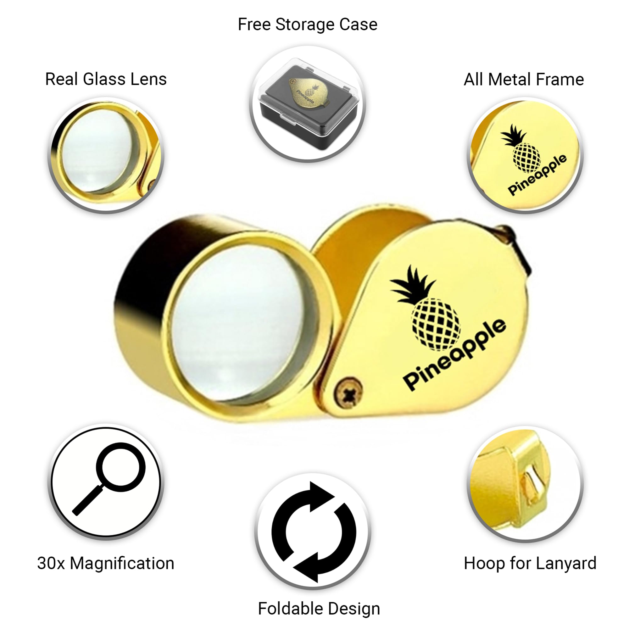 Pineapple 30X Jewelers Loupe Magnifier Foldable Pocket Magnifying Glass Small Jewelry Eye Loop for Jewelers, Gems, Diamonds, Plants, Coins (Gold)