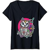 Womens Sugar Skull Cat Mexican Dia De Los Muertos V-Neck T-Shirt